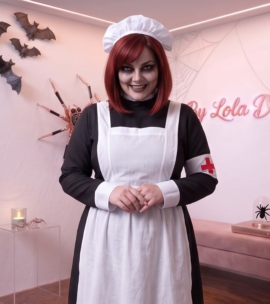 Disfraz vintage de enfermera de época victoriana o monja médica para mujer, compuesto por vestido largo negro de cuello alto y manga larga con puños blancos, delantal blanco con tirantes cruzados a la espalda, brazalete blanco con cruz roja y cofia blanca fruncida a juego