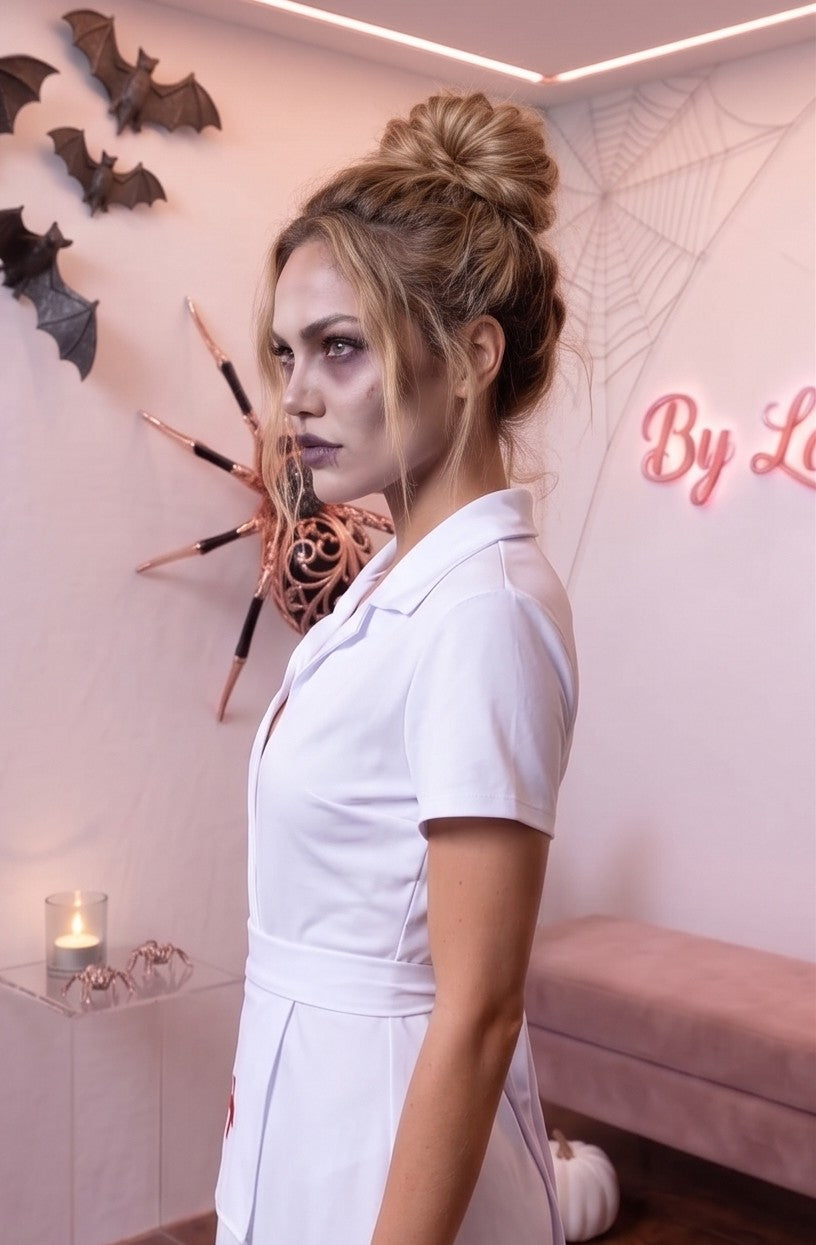 Disfraz de enfermera para mujer en color blanco liso, confeccionado en poliéster. Incluye vestido corto con cuello camisero y escote en pico, cofia o tocado a juego para la cabeza con detalle de cruz roja y delantal blanco ajustable con cruz médica en el pecho
