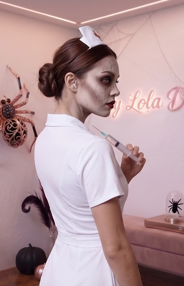 Disfraz de enfermera para mujer en color blanco liso, confeccionado en poliéster. Incluye vestido corto con cuello camisero y escote en pico, cofia o tocado a juego para la cabeza con detalle de cruz roja y delantal blanco ajustable con cruz médica en el pecho