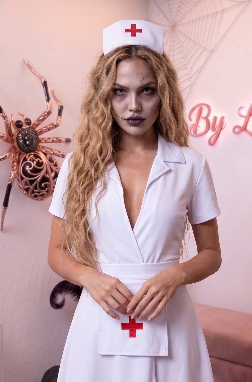 Disfraz de enfermera para mujer en color blanco liso, confeccionado en poliéster. Incluye vestido corto con cuello camisero y escote en pico, cofia o tocado a juego para la cabeza con detalle de cruz roja y delantal blanco ajustable con cruz médica en el pecho