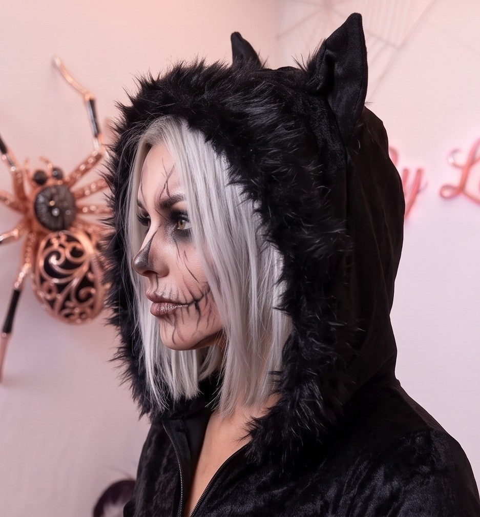 Disfraz enterizo de murciélago para mujer en tejido negro suave tipo pana con cremallera frontal, mangas murciélago que simulan alas extendidas y capucha afelpada con orejas puntiagudas.