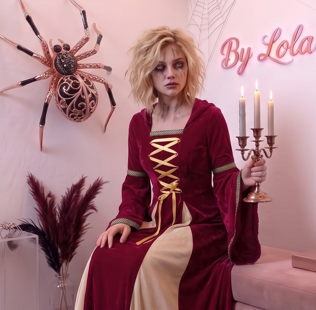Disfraz medieval y gótico de mujer con vestido largo hasta los pies en tejido de terciopelo rojo burdeos, detalle frontal drapeado en tono crema y corsé con lazos dorados cruzados, mangas largas acampanadas acampanadas con ribetes dorados y capucha holgada integrada, ideal para caracterización teatral, temática de época y Halloween.