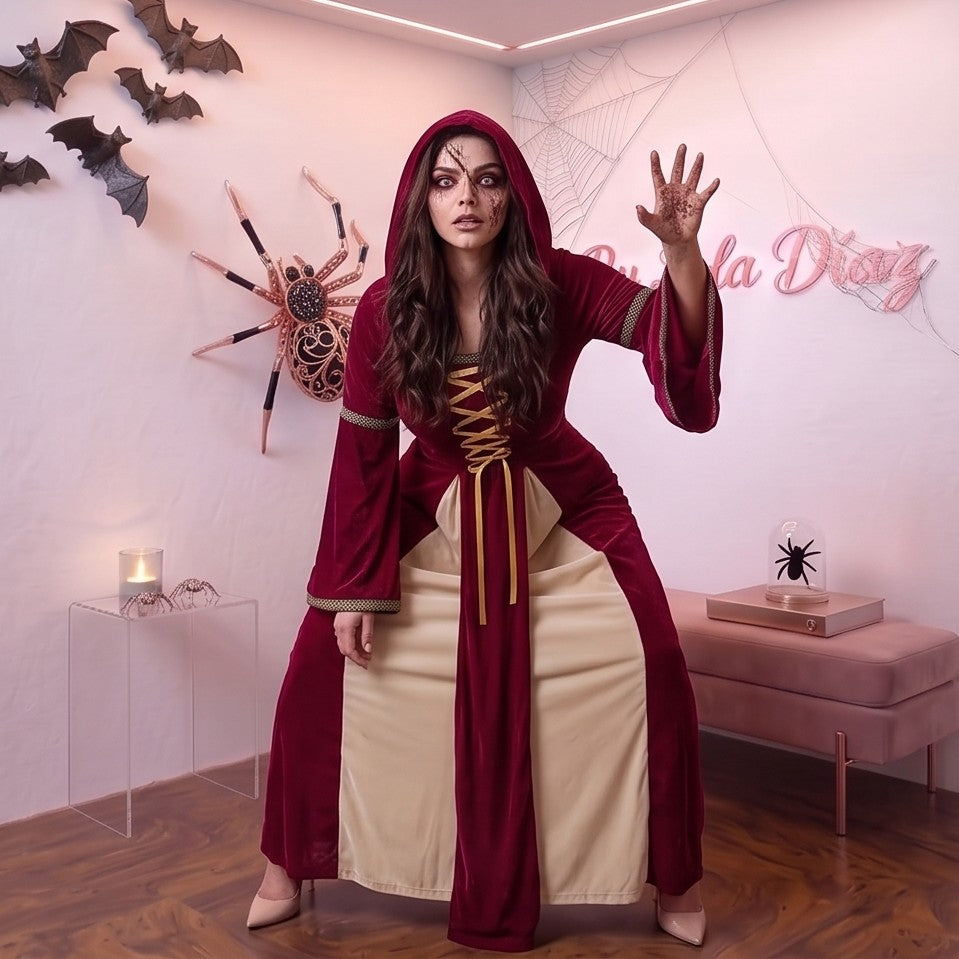 Disfraz medieval y gótico de mujer con vestido largo hasta los pies en tejido de terciopelo rojo burdeos, detalle frontal drapeado en tono crema y corsé con lazos dorados cruzados, mangas largas acampanadas acampanadas con ribetes dorados y capucha holgada integrada, ideal para caracterización teatral, temática de época y Halloween.