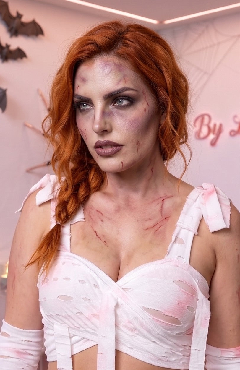 Disfraz de momia para mujer de cuatro piezas en tela elástica blanca con efecto de tiras desgarradas, roturas y manchas de sangre artificial rosa y roja. El conjunto incluye un crop top cruzado con tirantes ajustables, falda corta a juego con cintas colgantes, mangas largas y calentadores cubrepiés a juego sobre fondo de estudio de Halloween.