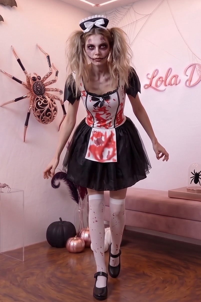 Disfraz de sirvienta sangrienta y mucama zombie para mujer con vestido corto de tutú negro, delantal blanco manchado de sangre falsa, mangas abullonadas, diadema con lazo a juego y medias ensangrentadas, ideal para fiesta de Halloween y cosplay de terror
