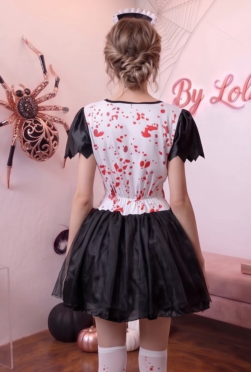 Disfraz de sirvienta sangrienta y mucama zombie para mujer con vestido corto de tutú negro, delantal blanco manchado de sangre falsa, mangas abullonadas, diadema con lazo a juego y medias ensangrentadas, ideal para fiesta de Halloween y cosplay de terror