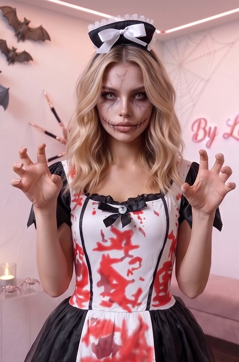 Disfraz de sirvienta sangrienta y mucama zombie para mujer con vestido corto de tutú negro, delantal blanco manchado de sangre falsa, mangas abullonadas, diadema con lazo a juego y medias ensangrentadas, ideal para fiesta de Halloween y cosplay de terror