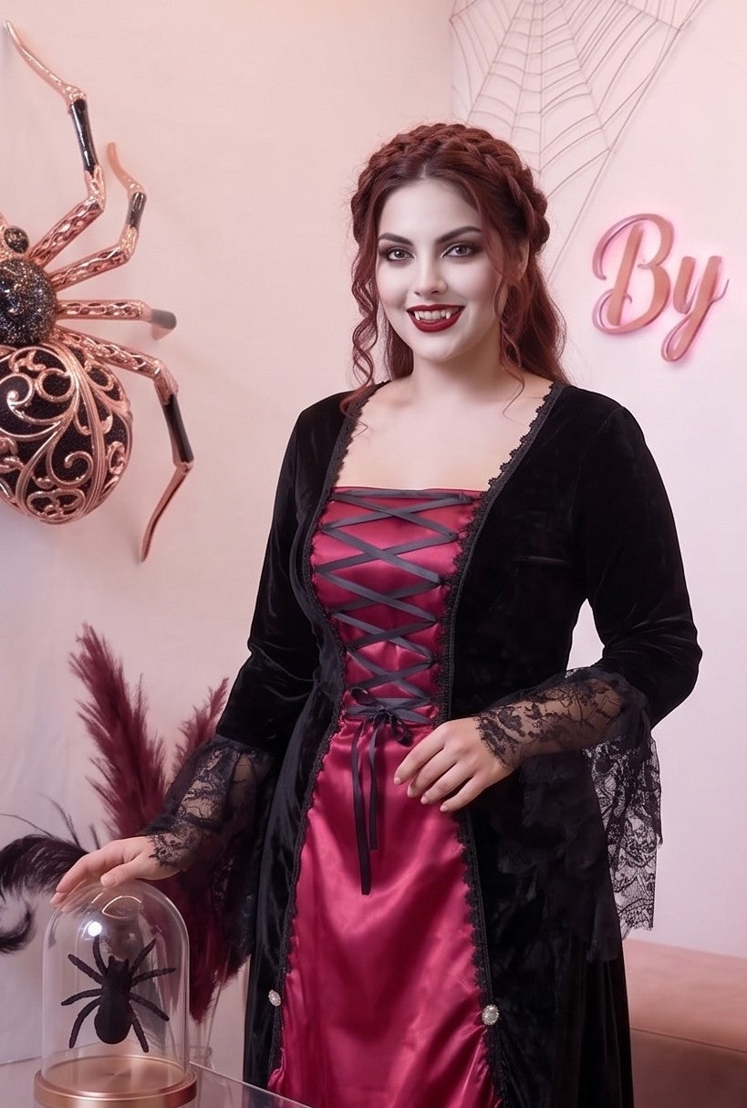 disfraz de vampiresa gótica compuesto por un vestido de terciopelo negro y satén rojo. El vestido presenta un corpiño con cordones frontales en el escote, mangas de encaje negro acampanadas y una falda larga de encaje con vuelo.