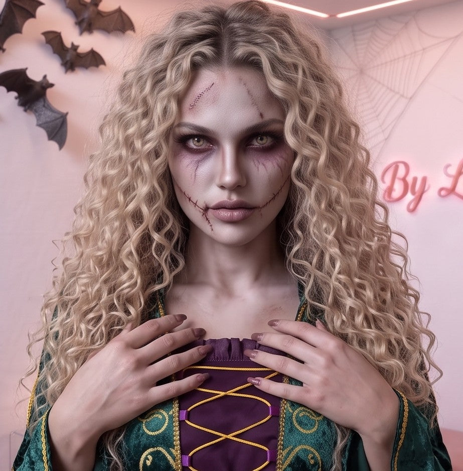 Disfraz de bruja medieval inspirado en Winifred Sanderson con vestido largo en dos piezas simuladas: túnica exterior de terciopelo verde esmeralda con cuello alzado, mangas acampanadas con ribetes dorados y bordados rúnicos en el pecho, sobre falda interior fluida en tono morado púrpura con corsé ajustable de cordones amarillos.