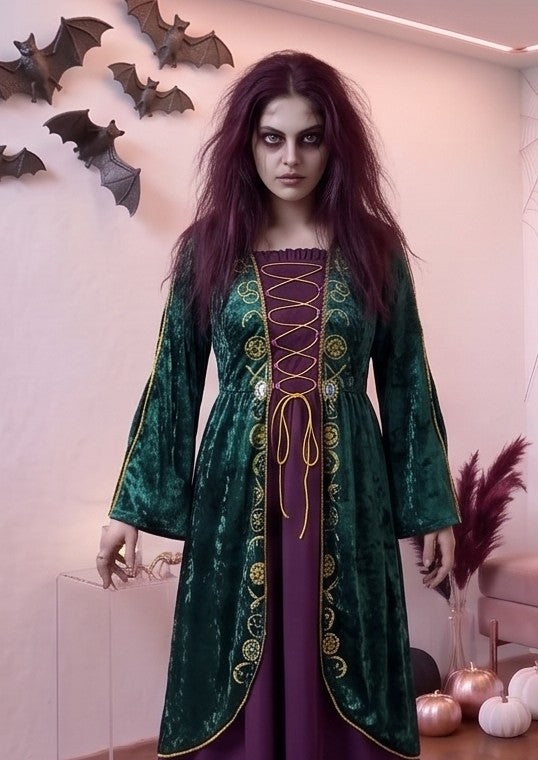 Disfraz de bruja medieval inspirado en Winifred Sanderson con vestido largo en dos piezas simuladas: túnica exterior de terciopelo verde esmeralda con cuello alzado, mangas acampanadas con ribetes dorados y bordados rúnicos en el pecho, sobre falda interior fluida en tono morado púrpura con corsé ajustable de cordones amarillos.