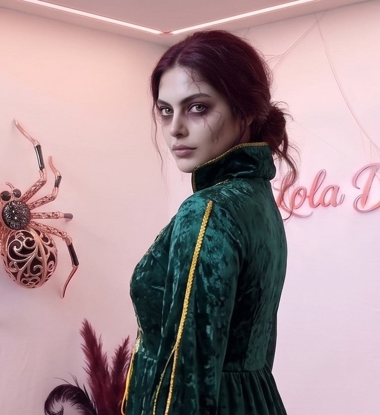 Disfraz de bruja medieval inspirado en Winifred Sanderson con vestido largo en dos piezas simuladas: túnica exterior de terciopelo verde esmeralda con cuello alzado, mangas acampanadas con ribetes dorados y bordados rúnicos en el pecho, sobre falda interior fluida en tono morado púrpura con corsé ajustable de cordones amarillos.