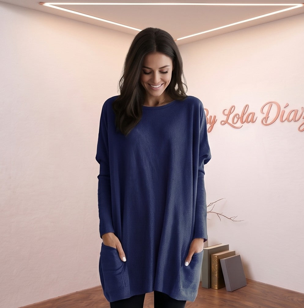 jersey oversize de punto para mujer con bolsillos laterales y cuello redondo en cuatro colores: rojo, verde oliva, malva pastel y azul lavanda