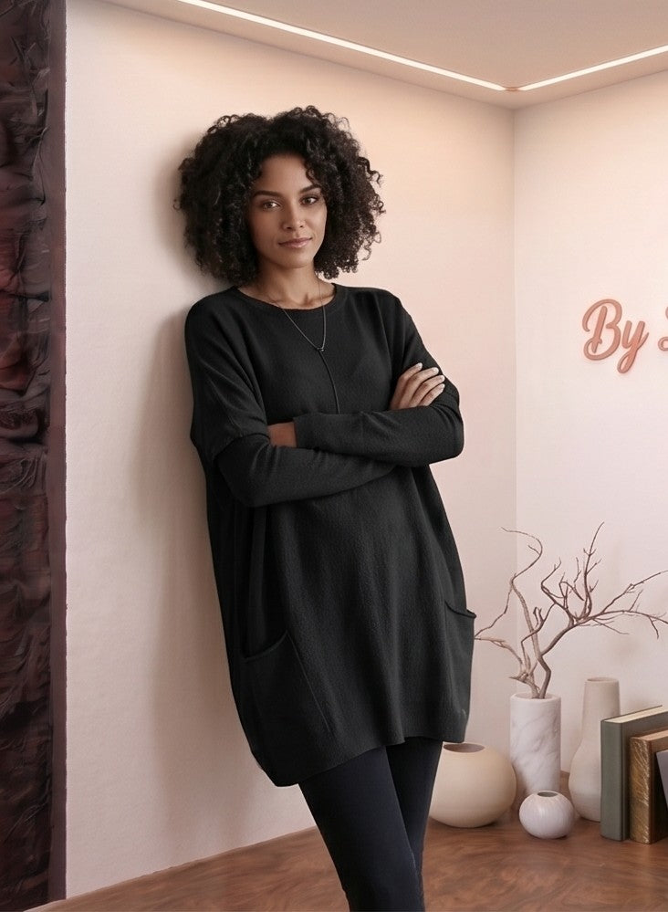 jersey oversize de punto para mujer con bolsillos laterales y cuello redondo en cuatro colores: rojo, verde oliva, malva pastel y azul lavanda