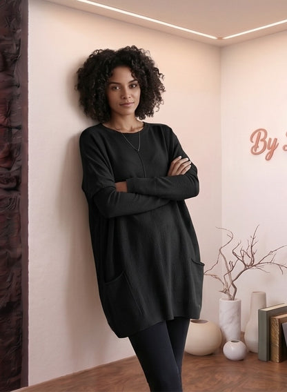 jersey oversize de punto para mujer con bolsillos laterales y cuello redondo en cuatro colores: rojo, verde oliva, malva pastel y azul lavanda