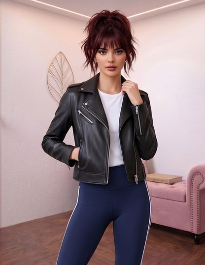 Leggins deportivos largos para mujer de tiro alto y efecto moldeador, con doble franja blanca lateral en contraste, confeccionados en tejido elástico transpirable de poliéster y elastano, disponibles en 10 colores para yoga, fitness y running.