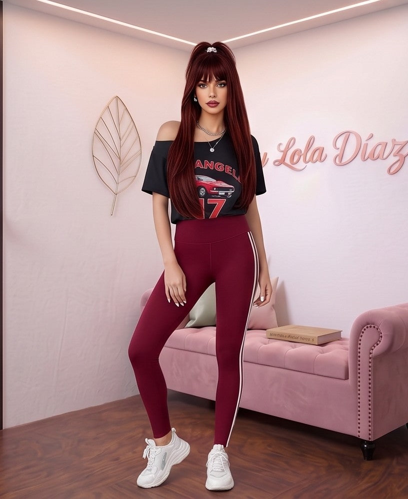 Leggins deportivos largos para mujer de tiro alto y efecto moldeador, con doble franja blanca lateral en contraste, confeccionados en tejido elástico transpirable de poliéster y elastano, disponibles en 10 colores para yoga, fitness y running.