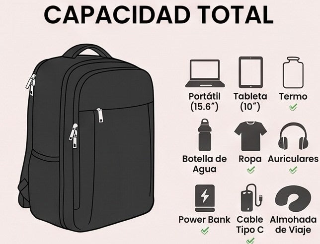 Mochila urbana y de viaje ergonómica e impermeable con compartimento para portátil, bolsillo frontal, correas acolchadas ajustables y bolsillos de malla lateral. Disponible en 5 capacidades (18L, 20L, 24L, 30L y 44L) y en 6 colores modernos: azul pastel, verde menta, verde salvia, lila lavanda, gris grafito y negro clásico