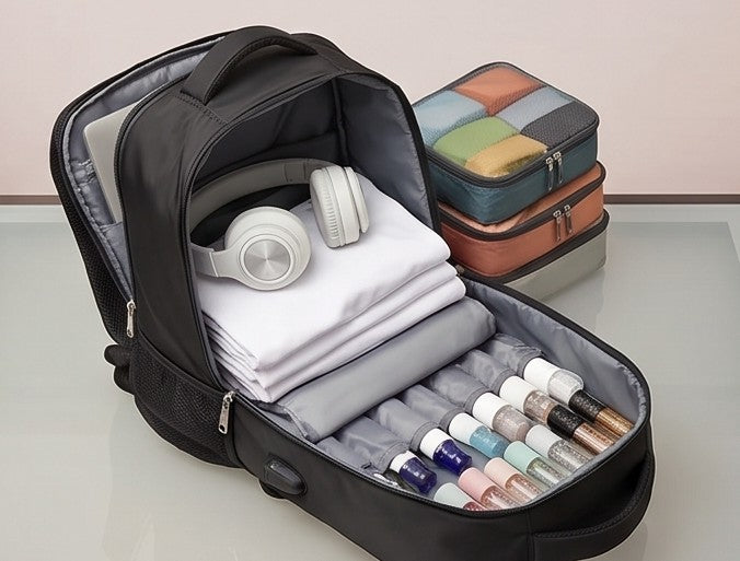 Mochila urbana y de viaje ergonómica e impermeable con compartimento para portátil, bolsillo frontal, correas acolchadas ajustables y bolsillos de malla lateral. Disponible en 5 capacidades (18L, 20L, 24L, 30L y 44L) y en 6 colores modernos: azul pastel, verde menta, verde salvia, lila lavanda, gris grafito y negro clásico