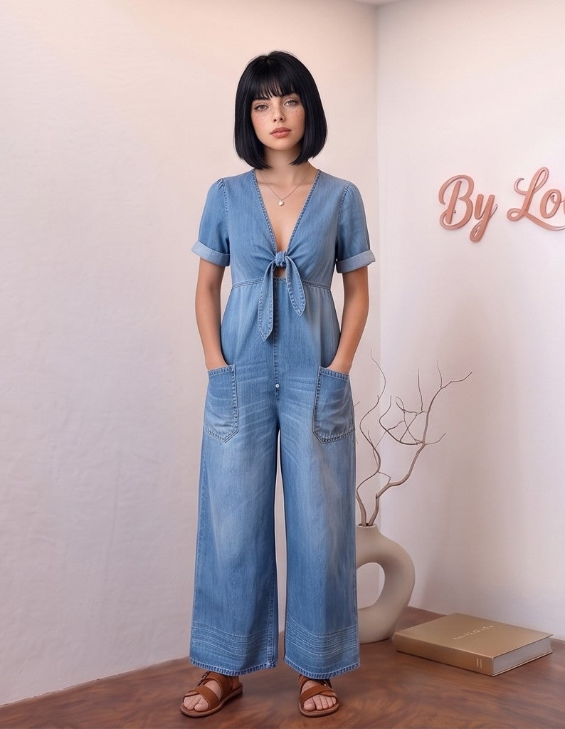 Mono denim largo de mujer con escote en V y nudo delantero ajustable, manga corta con vuelta, bolsillos laterales amplios y pernera ancha de corte holgado y fluido