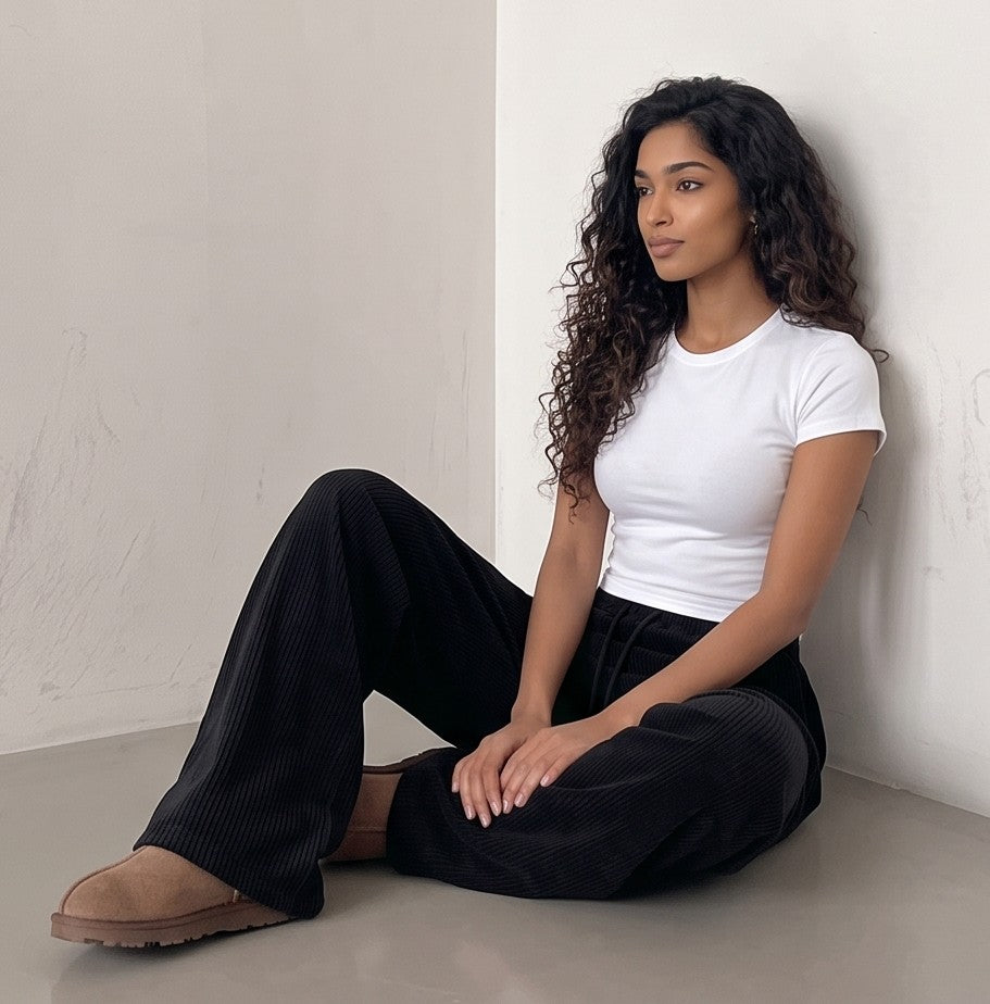 Pantalones de chándal cómodos y elegantes en terciopelo negro, gris y blanco. Pierna ancha y cordón ajustable para un ajuste perfecto