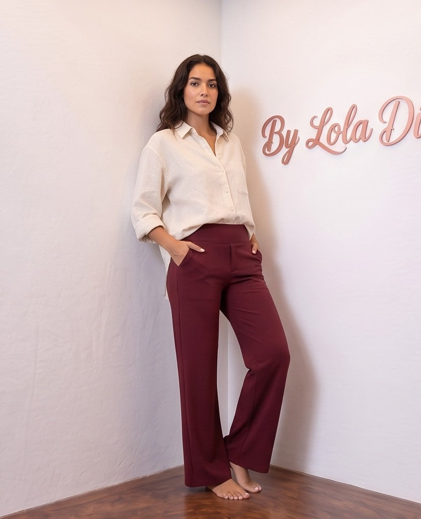 pantalón palazzo de tiro alto y pierna ancha disponible en ocho colores, incluyendo burdeos, marrón, azul marino, negro y tonos neutros