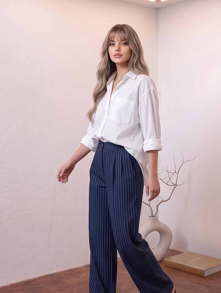 Pantalón palazzo sastre para mujer en color azul marino con raya diplomática blanca, corte de pierna ancha y fluida, cintura de tiro alto con detalle de pinzas frontales
