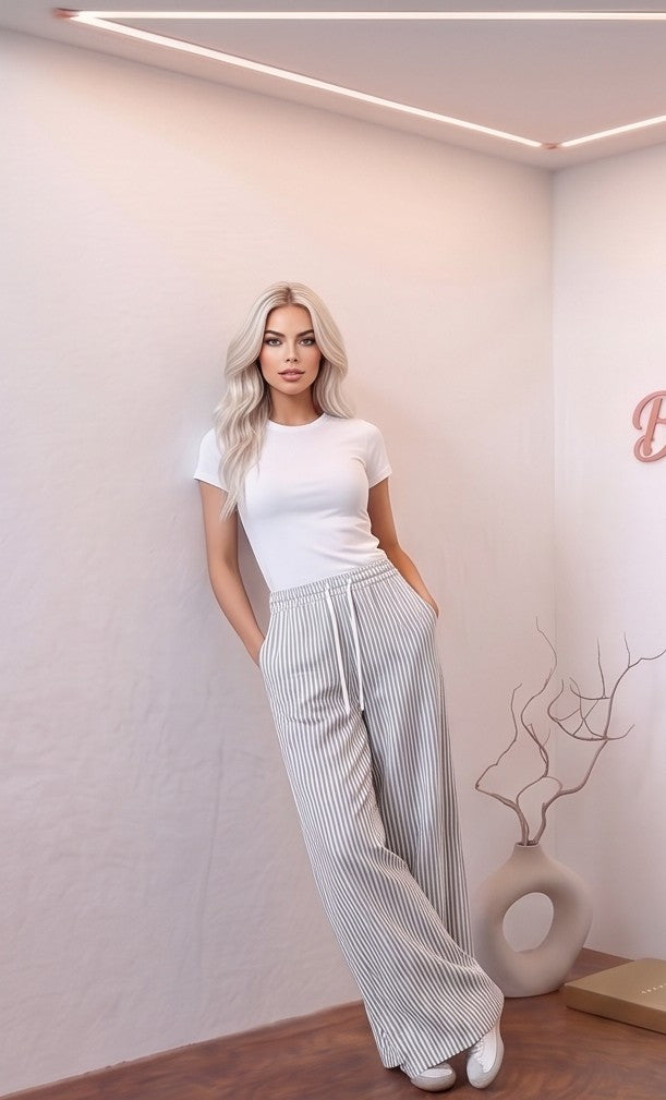 Pantalón palazzo para mujer de corte ancho y holgado, con estampado clásico de rayas diplomáticas verticales finas, cintura elástica fruncida ajustable con cordón y dobladillo ancho en el bajo