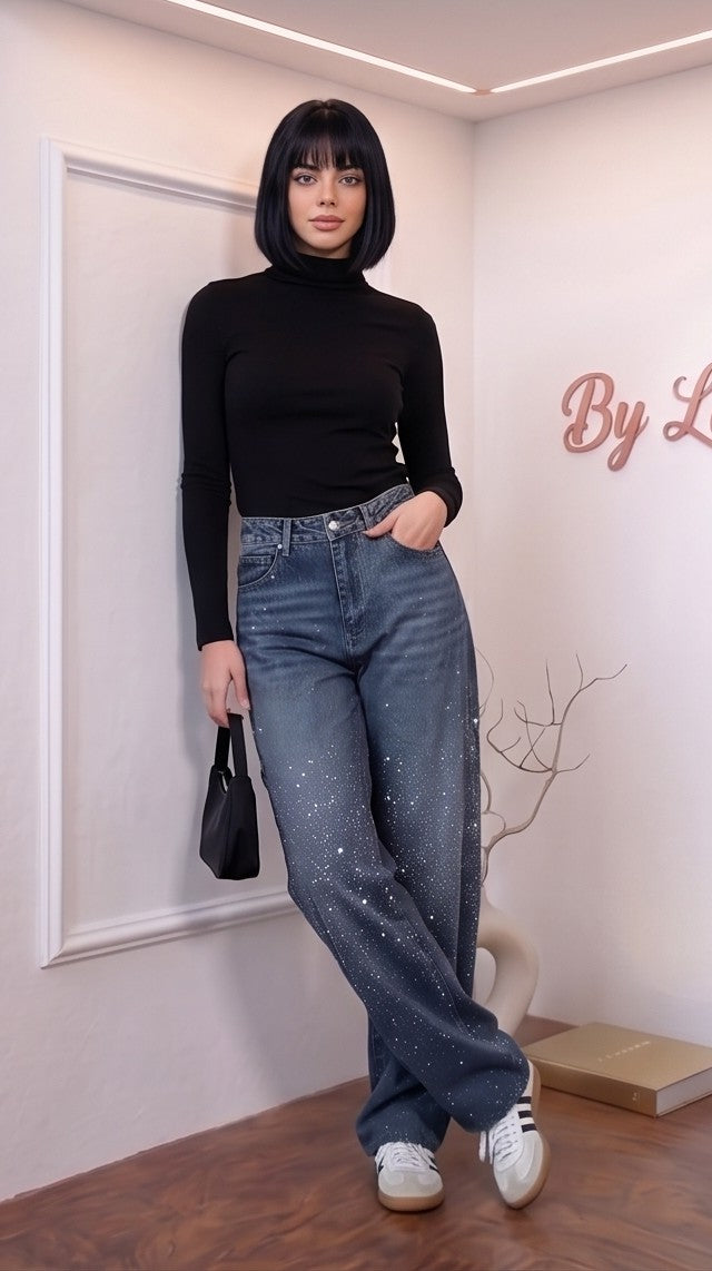 pantalones vaqueros mujer corte balloon estilo carpenter con detalles de brillos y strass, disponibles en cinco colores: rosa pastel, azul claro, gris ceniza, azul índigo y negro lavado.