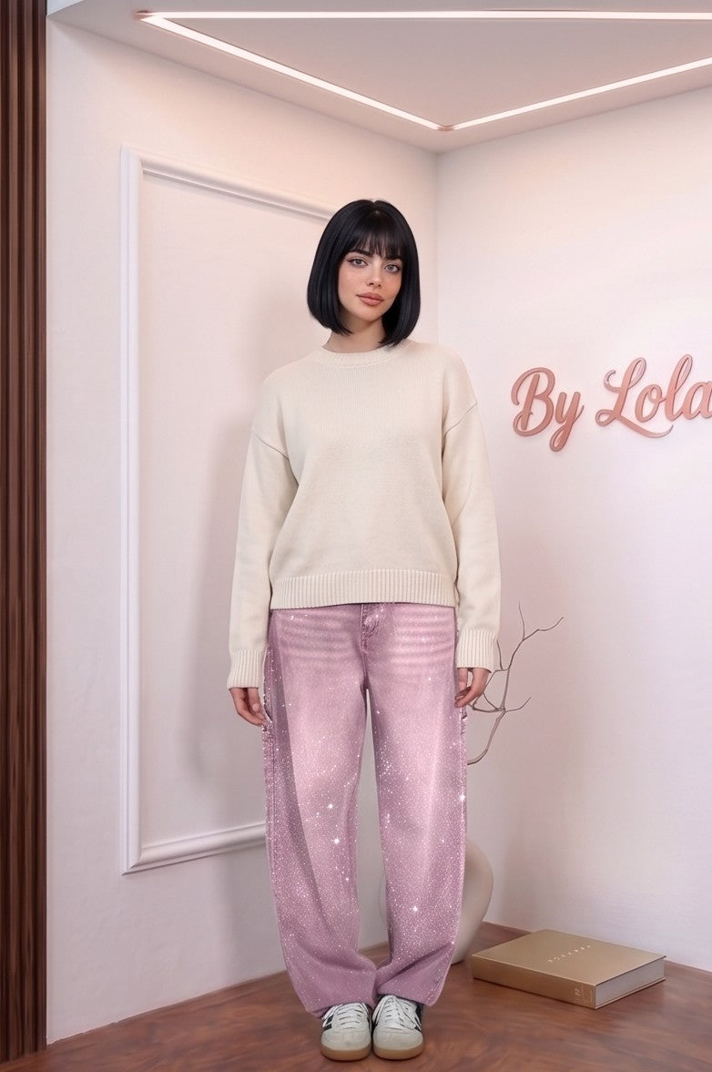 pantalones vaqueros mujer corte balloon estilo carpenter con detalles de brillos y strass, disponibles en cinco colores: rosa pastel, azul claro, gris ceniza, azul índigo y negro lavado.