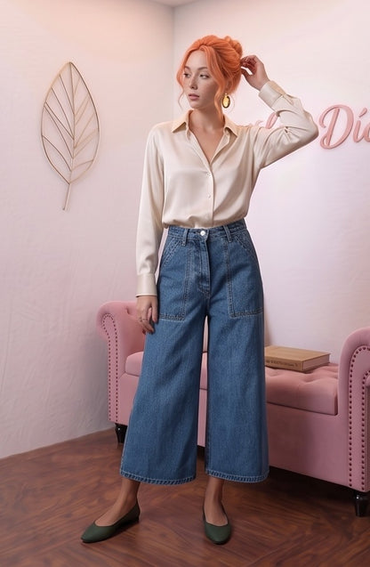 Pantalón vaquero azul para mujer de estilo urbano y casual. Diseño de pierna ancha y tiro alto, largo tobillero 9/10, con distintivos bolsillos delanteros cuadrados tipo parche y cierre clásico de botón. Tejido denim liso.