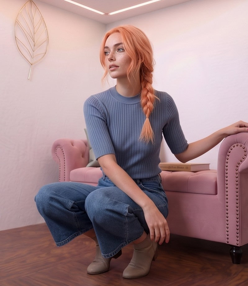 Pantalón vaquero azul para mujer de estilo urbano y casual. Diseño de pierna ancha y tiro alto, largo tobillero 9/10, con distintivos bolsillos delanteros cuadrados tipo parche y cierre clásico de botón. Tejido denim liso.