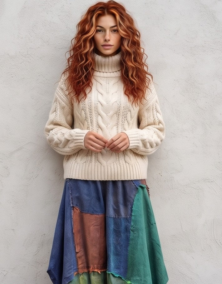 Pantalón bombacho holgado para mujer de estilo europeo con diseño de bloques de color estilo vaquero, mezcla de tonos azules, marrones y verdes, bolsillos amplios y corte relajado de pierna ancha.
