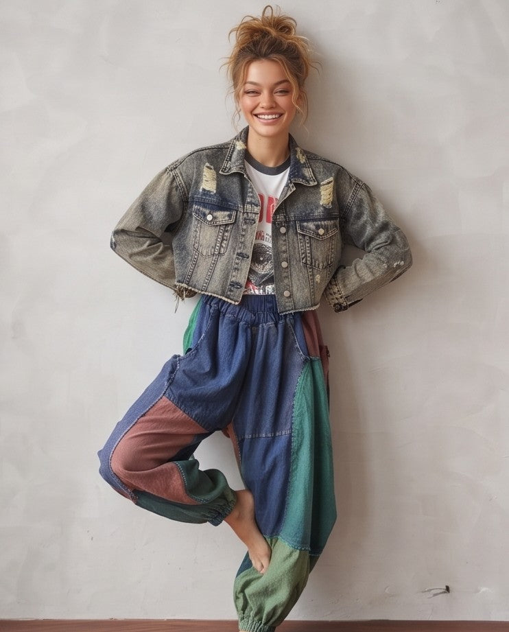 Pantalón bombacho holgado para mujer de estilo europeo con diseño de bloques de color estilo vaquero, mezcla de tonos azules, marrones y verdes, bolsillos amplios y corte relajado de pierna ancha.