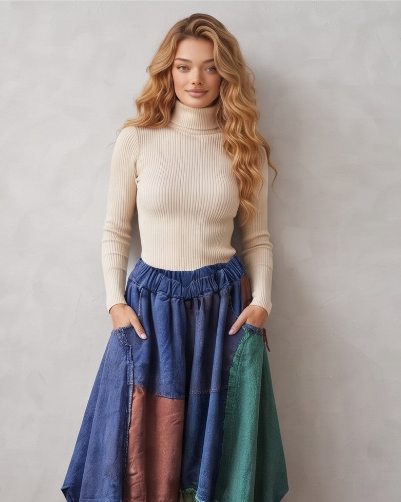 Pantalón bombacho holgado para mujer de estilo europeo con diseño de bloques de color estilo vaquero, mezcla de tonos azules, marrones y verdes, bolsillos amplios y corte relajado de pierna ancha.