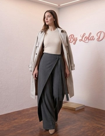 pantalones palazzo muy anchos para mujer, con un diseño wrap cruzado que crea un efecto falda superpuesto y una tira larga lateral que se anuda en la cintura. Disponibles en una variedad de siete colores vibrantes