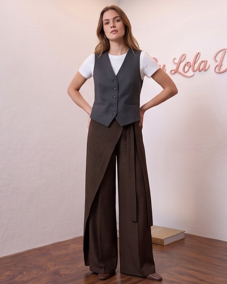 pantalones palazzo muy anchos para mujer, con un diseño wrap cruzado que crea un efecto falda superpuesto y una tira larga lateral que se anuda en la cintura. Disponibles en una variedad de siete colores vibrantes