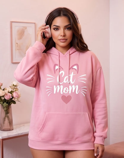 Sudadera hoodie con capucha de mujer corte holgado con estampado Cat Mom, orejitas de gato y corazón central. Diseño casual con bolsillo canguro delantero y mangas largas abullonadas, disponible en 8 colores: rosa, blanco, negro, gris jaspeado, marrón café, verde oscuro, albaricoque y morado