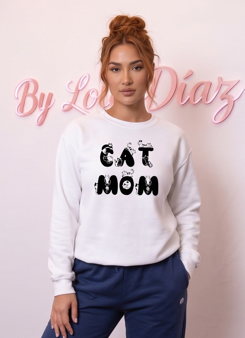 Sudadera holgada de mujer con cuello redondo y estampado Cat Mom con gatos, confeccionada en tejido de felpa térmica disponible en 7 colores: blanco, negro, gris, rosa, verde oliva, café y naranja