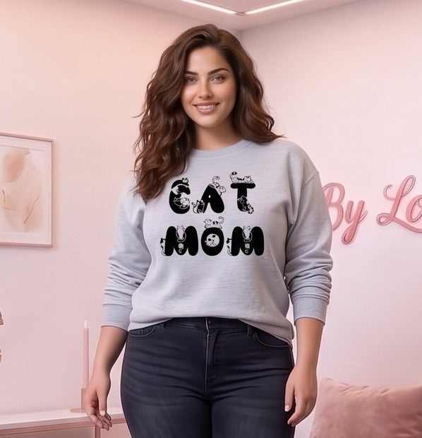 Sudadera holgada de mujer con cuello redondo y estampado Cat Mom con gatos, confeccionada en tejido de felpa térmica disponible en 7 colores: blanco, negro, gris, rosa, verde oliva, café y naranja