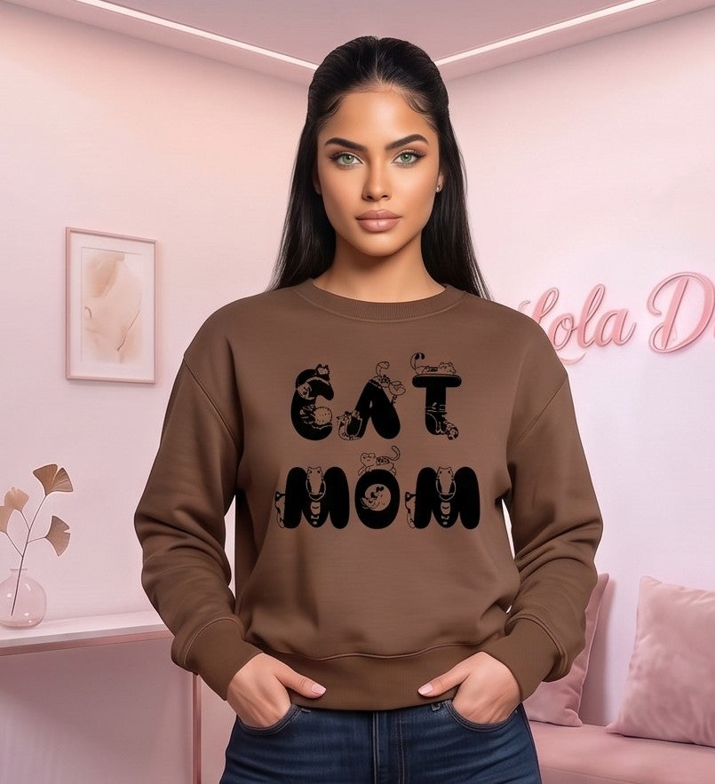 Sudadera holgada de mujer con cuello redondo y estampado Cat Mom con gatos, confeccionada en tejido de felpa térmica disponible en 7 colores: blanco, negro, gris, rosa, verde oliva, café y naranja