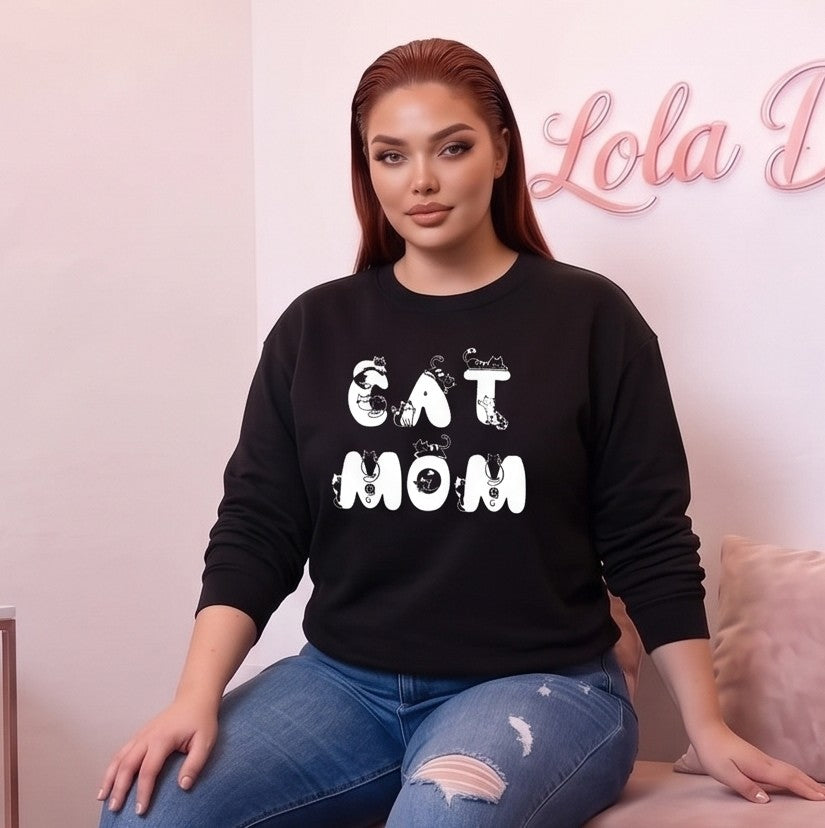 Sudadera holgada de mujer con cuello redondo y estampado Cat Mom con gatos, confeccionada en tejido de felpa térmica disponible en 7 colores: blanco, negro, gris, rosa, verde oliva, café y naranja