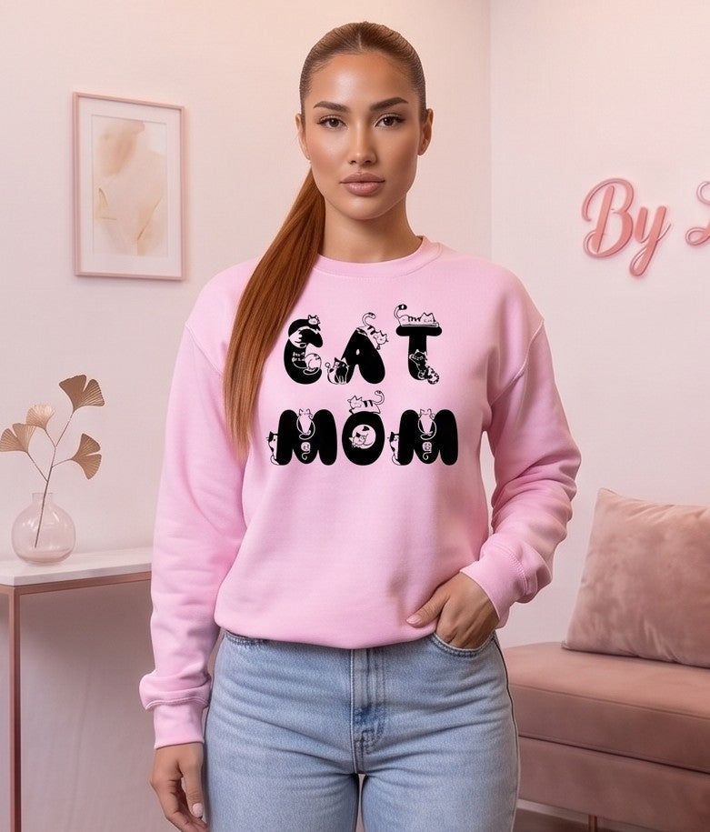 Sudadera holgada de mujer con cuello redondo y estampado Cat Mom con gatos, confeccionada en tejido de felpa térmica disponible en 7 colores: blanco, negro, gris, rosa, verde oliva, café y naranja