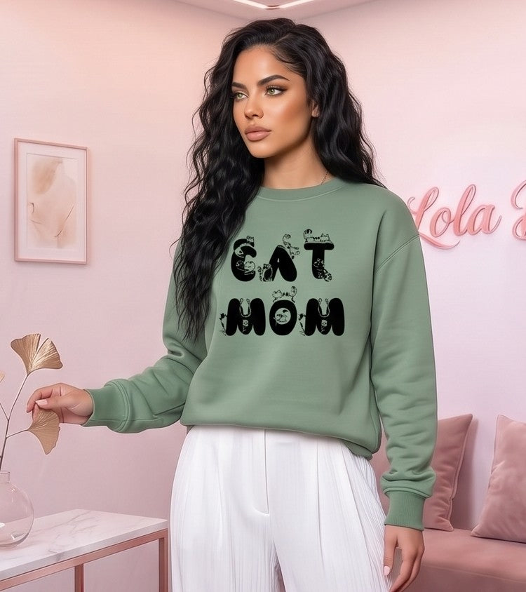 Sudadera holgada de mujer con cuello redondo y estampado Cat Mom con gatos, confeccionada en tejido de felpa térmica disponible en 7 colores: blanco, negro, gris, rosa, verde oliva, café y naranja
