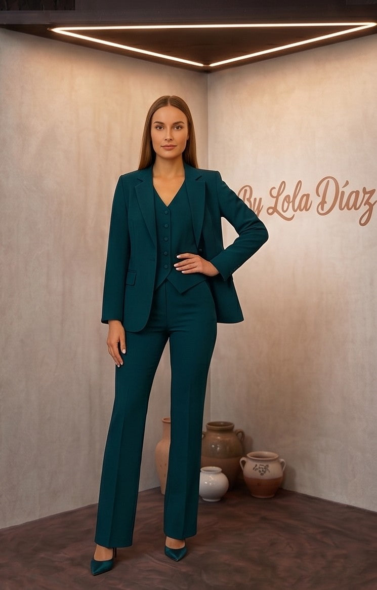 Traje sastre de tres piezas para mujer compuesto por blazer, chaleco y pantalón de vestir azul verdoso