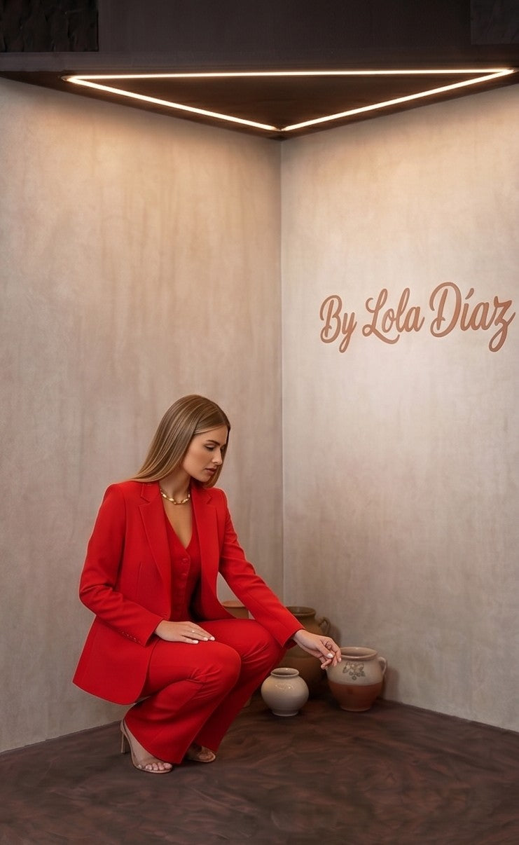 Traje sastre de tres piezas para mujer compuesto por blazer, chaleco y pantalón de vestir rojo