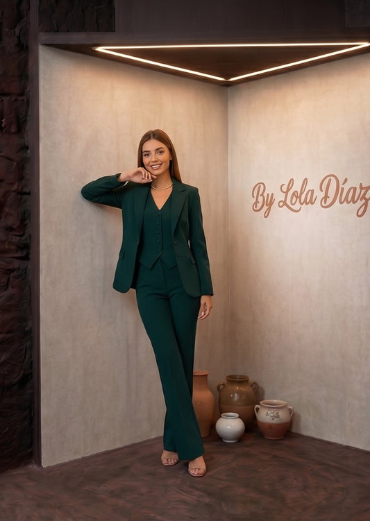 Traje sastre de tres piezas para mujer compuesto por blazer, chaleco y pantalón de vestir verde oscuro