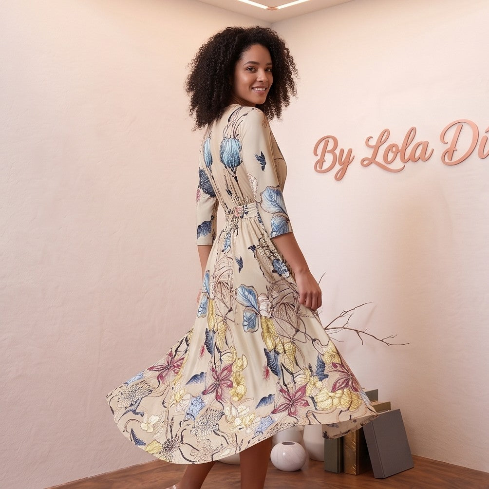 vestido largo con cuello en V en tres estampados florales diferentes: beige con flores azules, blanco con azul y rojo con azul.
