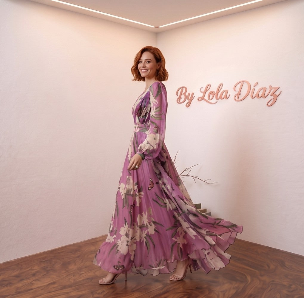 Vestido largo de fiesta en color lila morado con estampado floral blanco, mangas largas abullonadas y escote en V pronunciado