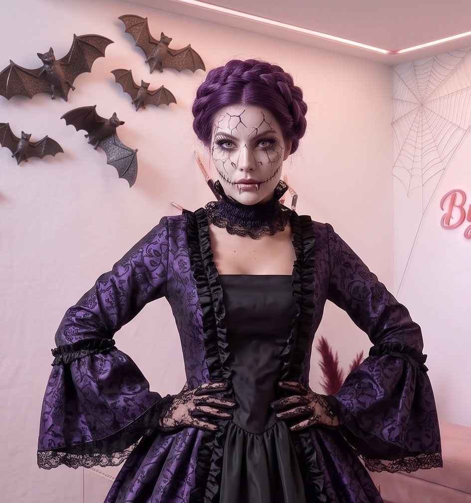 Vestido de época victoriana y corte medieval para mujer en tejido de damasco satinado con estampado floral barroco y panel frontal liso en contraste; presenta escote cuadrado ribeteado con encaje fruncido, mangas largas acampanadas estilo campana, corpiño ajustable tipo corsé en la espalda con lazada y gargantilla a juego. Disponible en cinco variantes de color combinadas con negro: verde esmeralda, morado berenjena, rojo granate, azul petróleo y blanco plateado.