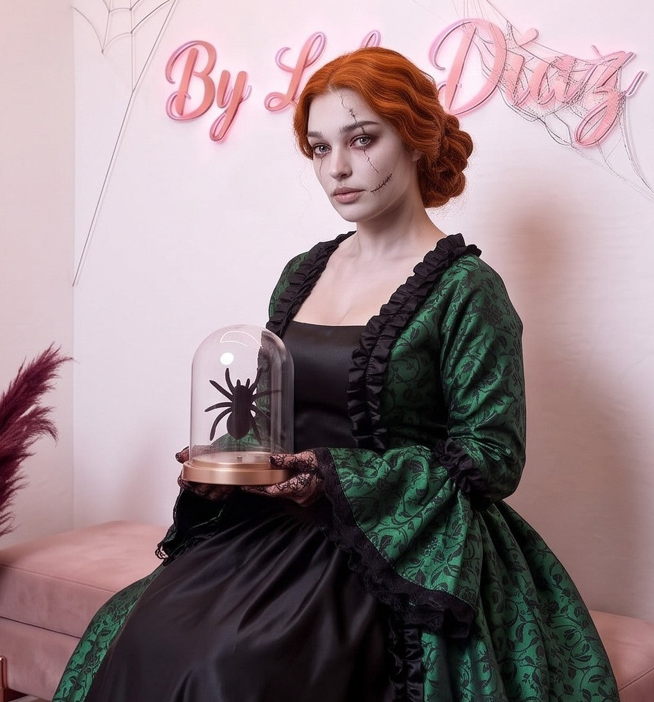 Vestido de época victoriana y corte medieval para mujer en tejido de damasco satinado con estampado floral barroco y panel frontal liso en contraste; presenta escote cuadrado ribeteado con encaje fruncido, mangas largas acampanadas estilo campana, corpiño ajustable tipo corsé en la espalda con lazada y gargantilla a juego. Disponible en cinco variantes de color combinadas con negro: verde esmeralda, morado berenjena, rojo granate, azul petróleo y blanco plateado.